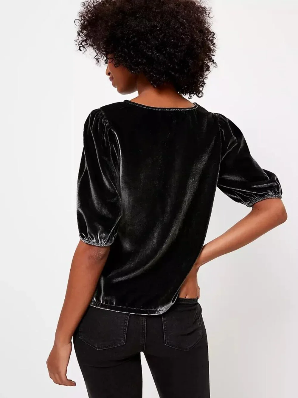 NWT Ann Taylor LOFT Size Medium Dark Gray V-Neck Puff Sleeve Velvet Top NEW